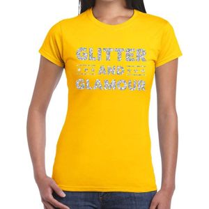 Glitter and Glamour zilver glitter tekst t-shirt geel dames -  zilver glitter and Glamour shirt