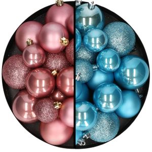 Kerstballen 60x stuks - mix oudroze/ijsblauw - 4-5-6 cm - kunststof - kerstversiering