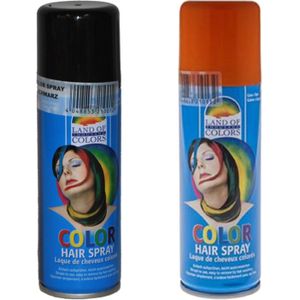Set van 2x kleuren haarverf/haarspray van 111 ml - Zwart en Oranje - Carnaval verkleed spullen