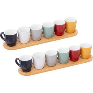 Espresso/koffie kopjes set - 12x - met bamboe plankjes - aardewerk kopjes - 90ml - diverse kleuren
