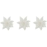 3x stuks decoratie bloemen kerststerren wit glitter op clip 15 cm - Decoratiebloemen/kerstboomversiering/kerstversiering