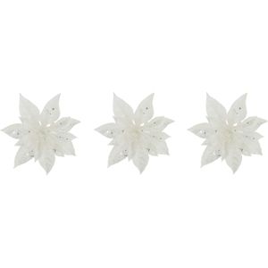 3x stuks decoratie bloemen kerststerren wit glitter op clip 15 cm - Decoratiebloemen/kerstboomversiering/kerstversiering