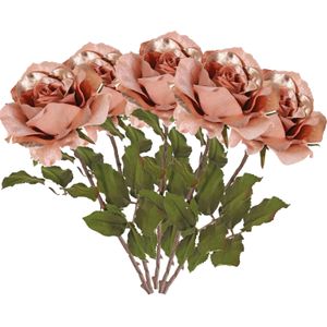 Top Art Kunstbloem roos Glamour - 5x - zalm met goudkleur - satijn - 61 cm - kunststof steel - decoratie bloemen