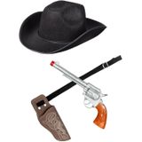 Verkleed set cowboyhoed Rodeo zwart - met holster en pistool - voor volwassenen