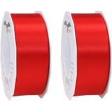 2x Luxe, brede Hobby/decoratie rode satijnen sierlinten 4 cm/40 mm x 25 meter- Luxe kwaliteit - Cadeaulint satijnlint/ribbon