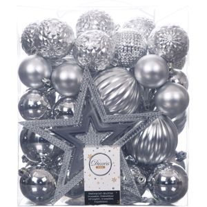 Kerstballen 66x stuks met ster piek - zilver - kunststof 4, 5, 6, 8, 10 cm