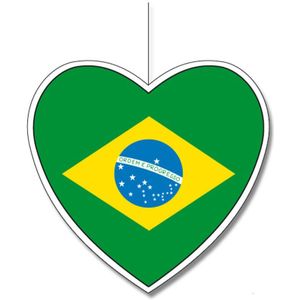 Brazilie vlag hangdecoratie hartjes vorm karton 14 cm - Brandvertragend - Feestartikelen/decoraties