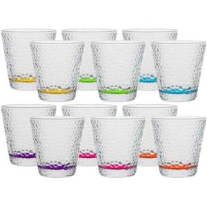 Vivalto Waterglazen/drinkglazen Colorama - 12x stuks - transparant/kleurenmix bodem - 310 ml - 9 x 9 cm