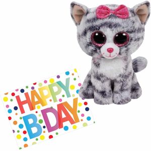 Pluche Knuffel Kat/Poes Ty Beanie Kiki 15 cm met A5-size Happy Birthday Wenskaart