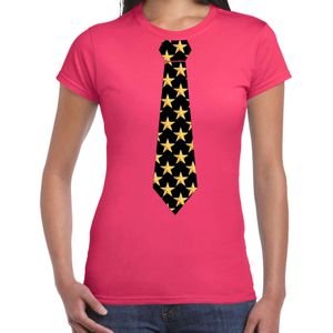 Bellatio Decorations Thema/Verkleed Feest Stropdas T-shirt Sterretjes - Dames - Roze XS