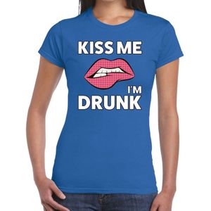 Kiss me I am Drunk t-shirt blauw dames - feest shirts dames