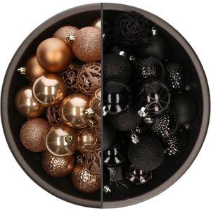 Bellatio Decorations Kerstballen mix - 74-delig - camel bruin en zwart - 6 cm - kunststof