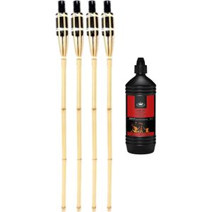 4x Stuks Bamboe Tuinfakkels 90 cm - Inclusief 1 Liter Lampenolie/Fakkelolie