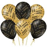 Leeftijd verjaardag feestartikelen pakket vlaggetjes/ballonnen Happy Birthday thema zwart/goud - 18x ballonnen/3x vlaggenlijnen