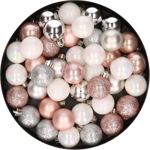 42x stuks kunststof kerstballen lichtroze, parelmoer wit en zilver mix 3 cm - Kerstboomversiering