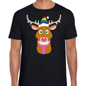 Foute Kerst t-shirt Gay Ruldolf met regenboog muts en roze sjaal zwart voor heren
