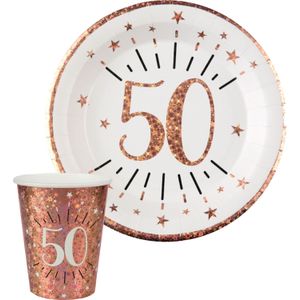 Verjaardag feest bekertjes en bordjes leeftijd - 20x - 50 jaar - rose goud - karton - Abraham/Sarah