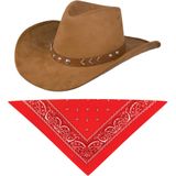 Carnaval verkleedset cowboyhoed Paco bruin - met rode hals zakdoek - voor volwassenen