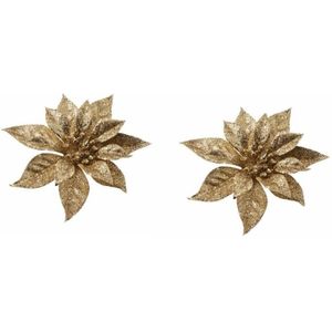 6x Kerstboomversiering bloem op clip gouden kerstster 18 cm - kerstfiguren - gouden kerstversieringen