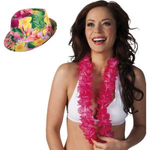 Hawaii thema party verkleedset - Hoedje Tropical print - bloemenkrans roze mix- Tropical toppers - voor volwassenen