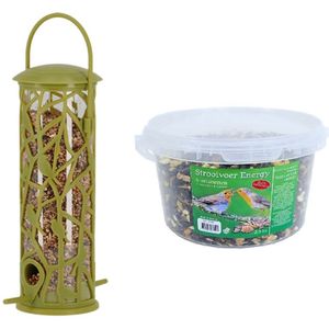 Vogel voedersilo met zitstokjes groen kunststof 27 cm inclusief 4-seizoenen energy vogelvoer - Vogel voederstation