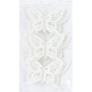 12x stuks decoratie vlinders op clip glitter wit 14 cm - Bruiloftversiering/kerstversiering decoratievlinders