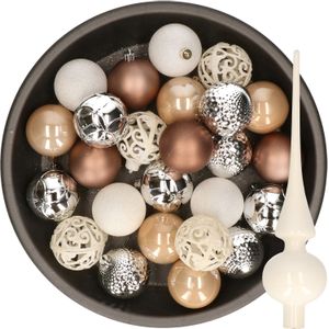 Decoris Kerstballen - 37x ST - kunststof - 6 cm - bruin-zilver-wit - met glazen piek
