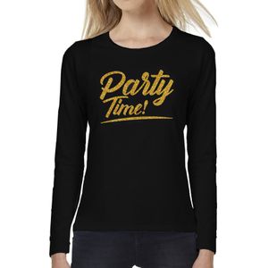 Party time longsleeve zwart met gouden glitter tekst dames  - Glitter en Glamour goud party kleding shirt met lange mouwen