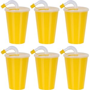 Juypal Drinkbeker met deksel en rietje - 12x - geel - kunststof - 450 ml - 12 x 9 cm