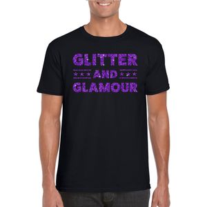 Toppers Zwart Glitter and Glamour t-shirt met paarse glitter letters heren - VIP/glamour kleding