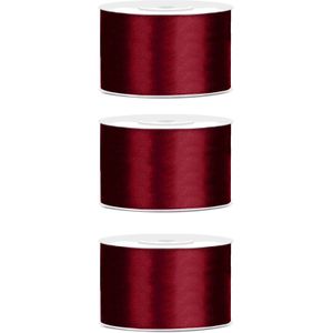 3x Hobby/decoratie diep rood satijnen sierlinten 3,8 cm/38 mm x 25 meter - Cadeaulint satijnlint/ribbon - Diep rode linten - Hobbymateriaal benodigdheden - Verpakkingsmaterialen