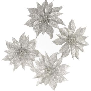 Kerstboom bloemen op clip - 2x stuks - zilver glitter - 9,5 cm
