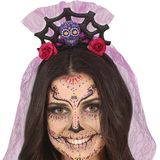 Halloween verkleed diadeem - sluier met bloemen - one size - lila paars - meisjes/dames