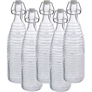 5x Glazen flessen transparant strepen met beugeldop 1000 ml - Keukenbenodigdheden - Woondecoratie - Tafel dekken - Koude dranken serveren/bewaren - Olie/azijn flessen - Decoratie flessen