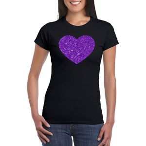 Zwart t-shirt hart met paarse glitters dames - Themafeest/feest kleding