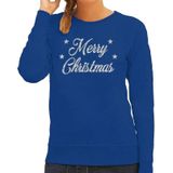 Foute Kersttrui / sweater - Merry Christmas - zilver / glitter - blauw - dames - kerstkleding / kerst outfit