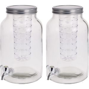 Set van 2x stuks glazen drank dispenser met infuser 4 liter - Limonade drankdispenser met filter en tapkraantje