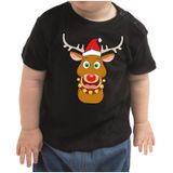 Kerst shirt / t-shirt zwart - Rudolf het rendier met rode muts voor peuters / kinderen - jongen / meisje