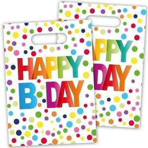 8x stuks Happy B-day verjaardag feestzakjes met stippen 22 cm - Traktaties snoepzakjes/cadeauzakjes/uitdeelzakjes