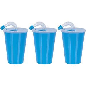 Juypal Drinkbeker met deksel en rietje - 6x - blauw - kunststof - 450 ml - 12 x 9 cm