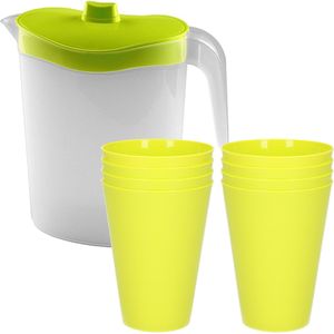 8x kunststof drinkbekers 430 ML met schenkkan set transparant/groen van 2.5 liter - Verjaardag/camping/tuin