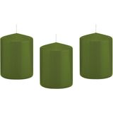 12x Olijfgroene cilinderkaarsen/stompkaarsen 6 x 8 cm 29 branduren - Geurloze kaarsen olijf groen - Woondecoraties