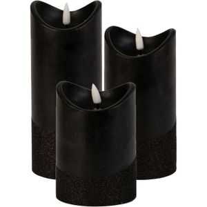 LED stompkaarsen - set 3x st - zwart - warm wit licht - wax - H12,5, H15 en H17,5 cm