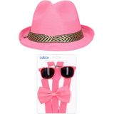 Carnaval verkleedset Funky - hoed/bretels/bril/strikje - roze - heren/dames - verkleedkleding - verkleedkleding accessoires