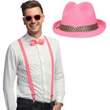 Carnaval verkleedset Funky - hoed/bretels/bril/strikje - roze - heren/dames - verkleedkleding - verkleedkleding accessoires