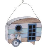 Set van 2x stuks houten vogel voeder huisjes voor pindas/vetbollen caravan blauw en groen - Winter vogelvoer huisjes