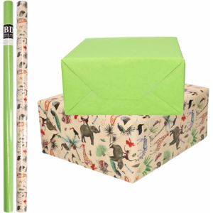 8x Rollen kraft inpakpapier jungle/oerwoud pakket - dieren/groen 200 x 70 cm - cadeau/verzendpapier