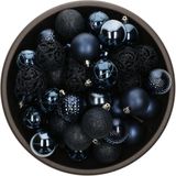 Kerstballen - 74x stuks - donkerblauw en roze - 6 cm - kunststof
