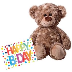 Pluche grote knuffel teddybeer knuffelbeer van 43 cm met A5-formaat Happy Birthday wenskaart