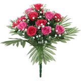 Louis Maes Kunstbloemen boeket rozen/gipskruid - 2x - roze/cerise - H36 cm - Bloemstuk - Bladgroen